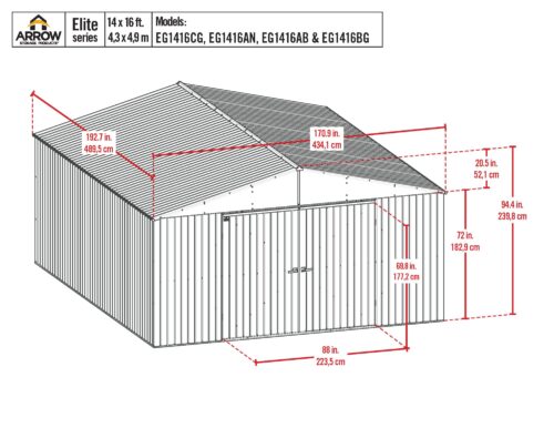 Arrow Shed Elite 14′ x 16′ Outdoor Lockable Gable Roof Steel Storage Shed Building, Anthracite