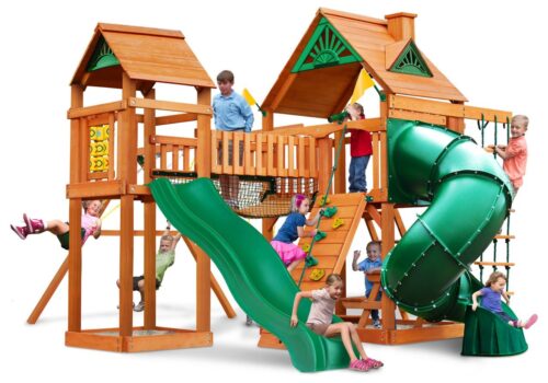 Gorilla Playsets Catalina Wooden Swing Set with Clatter Bridge and Tower 3 Swings and Tube Slide