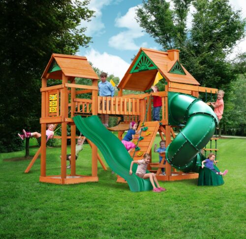 Gorilla Playsets Catalina Wooden Swing Set with Clatter Bridge and Tower 3 Swings and Tube Slide